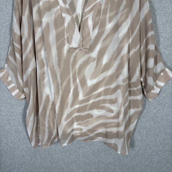 Chicos Blouse Tan Medium Sheer Animal Flowy Lagenlook Artsy Popover Neutral Tank - Picture 3 of 12